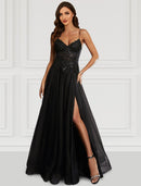 A-Line Prom Dresses Floral Dress Party Wear Wedding Party Floor Length Sleeveless Spaghetti Strap Tulle with Glitter Slit