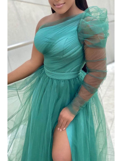 A-Line Prom Dresses Plus Size Dress Wedding Guest Formal Evening Sweep / Brush Train Long Sleeve One Shoulder Wednesday Addams Family Tulle with Slit Pure Color