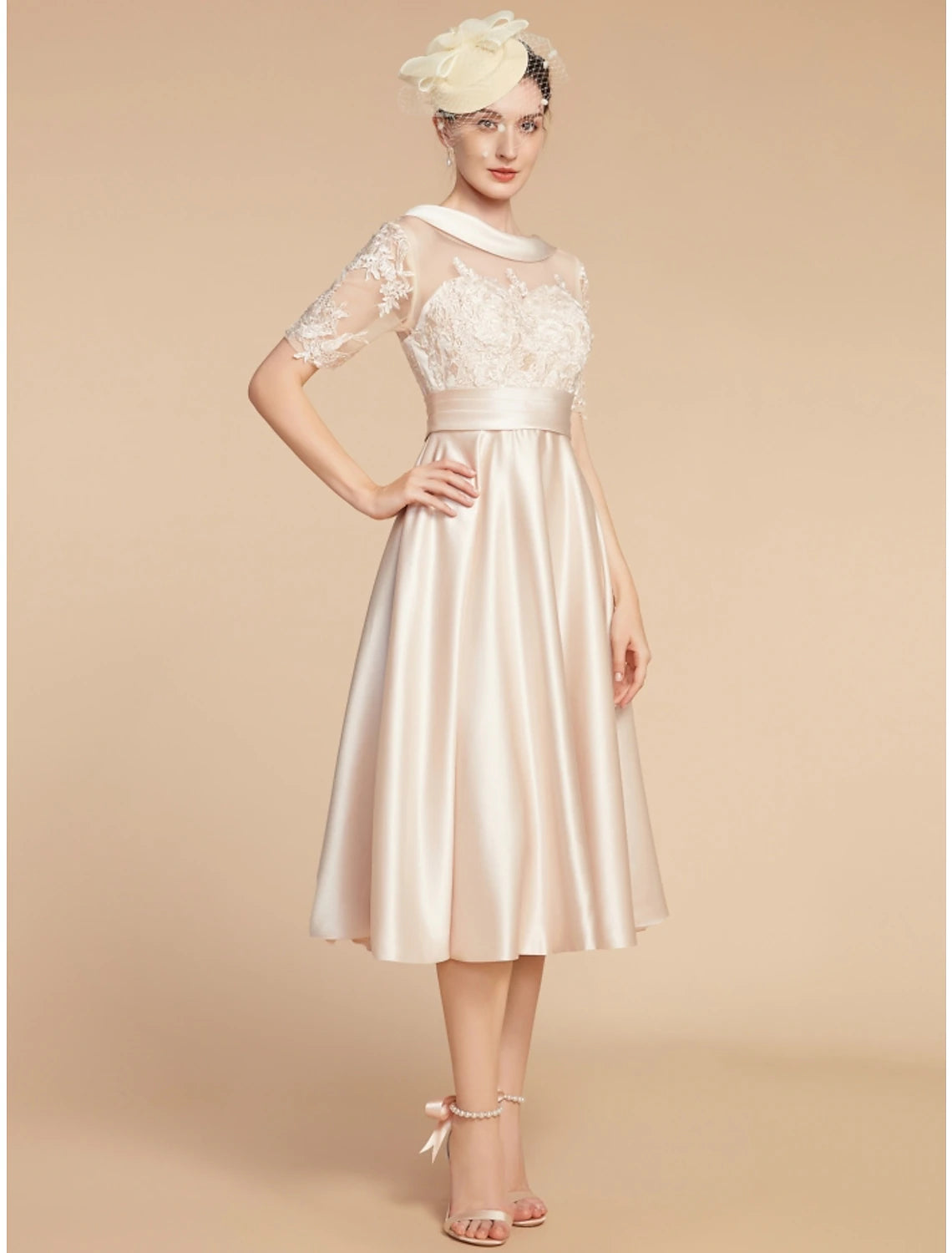 A-Line Mother of the Bride Dress Wedding Guest Elegant Petite Scoop Neck Knee Length Satin Lace Half Sleeve with Appliques Ruching Solid Color