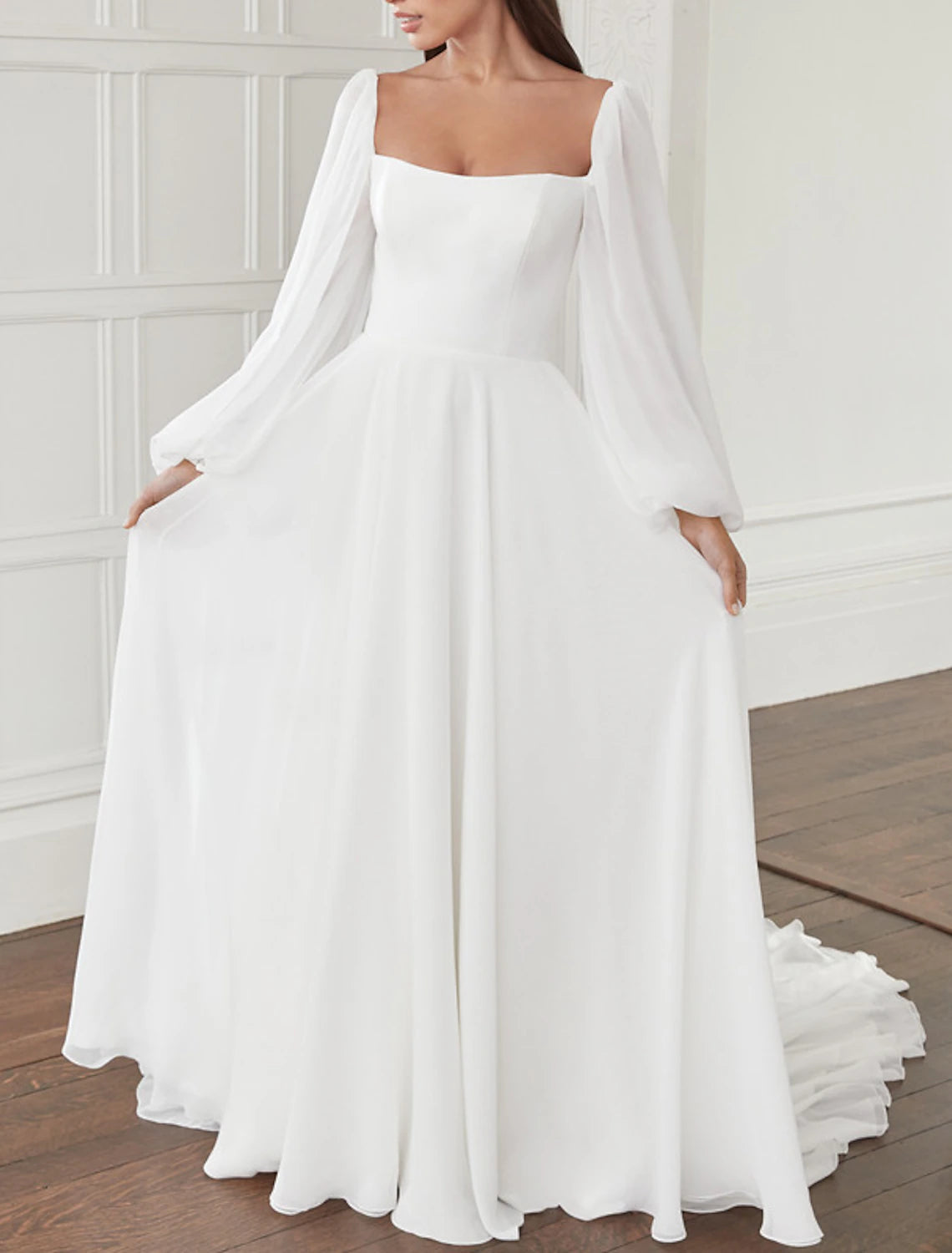 Hall Casual Wedding Dresses A-Line Square Neck Long Sleeve Court Train Chiffon Bridal Gowns With Bow(s) Solid Color