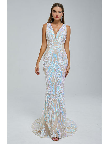 Mermaid / Trumpet Evening Gown Sparkle & Shine Dress Engagement Formal Evening Court Train Sleeveless V Neck Sequined with Sequin