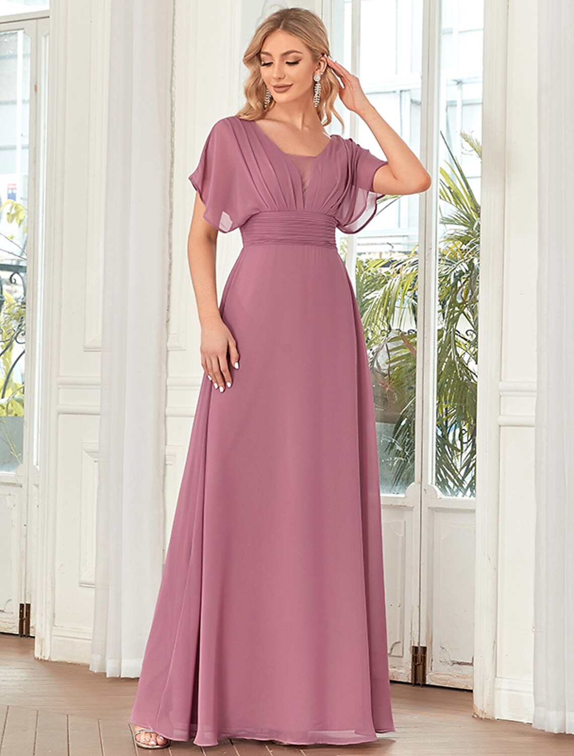 A-Line Elegant Formal Evening Dress V Neck Short Sleeve Floor Length Chiffon with Draping