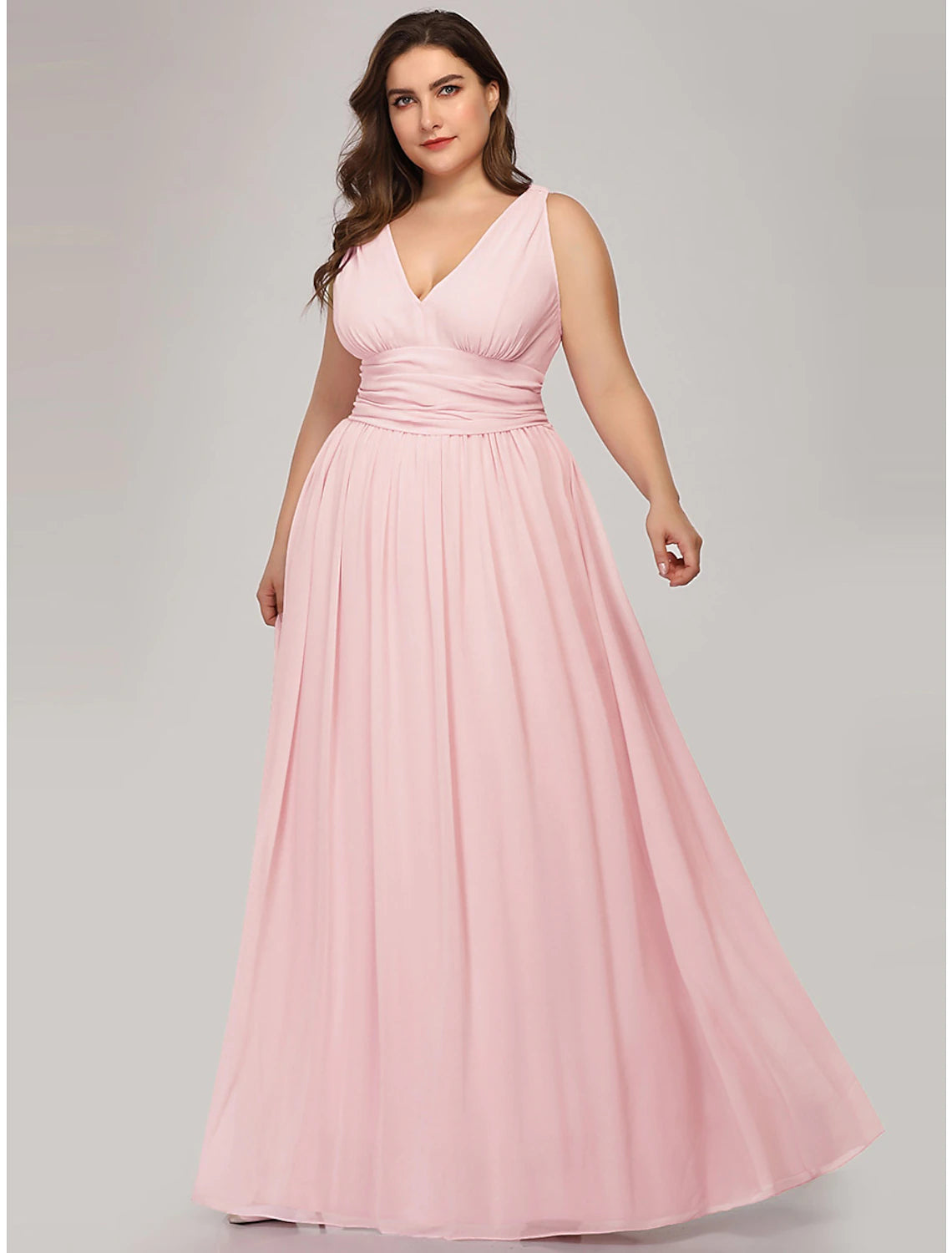 A-Line Plus Size Wedding Guest Formal Evening Dress V Neck V Back Sleeveless Floor Length Chiffon with Pleats