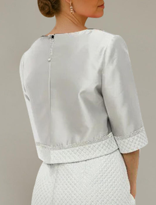 Two Piece Elegant Jewel Neck Asymmetrical Satin Half Sleeve Short Jacket Dresses with Crystals Mother of the Bride Dress