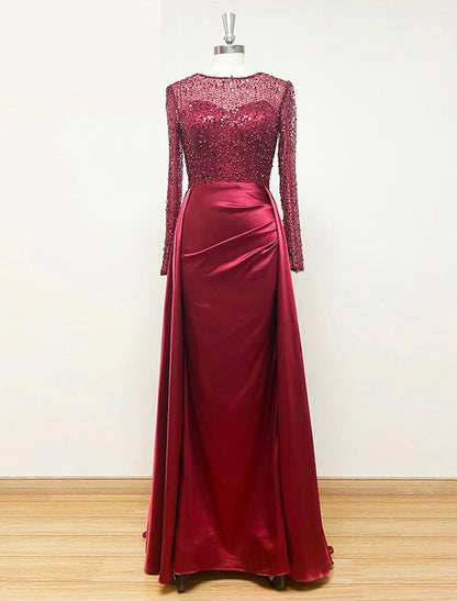 Mermaid Sequin Evening Gown Ruched Satin Dress Long Sleeves Floor Leng ...