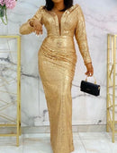 Sheath / Column Elegant Formal Evening Dress Plunging Neck Long Sleeve Floor Length Stretch Satin with Sequin