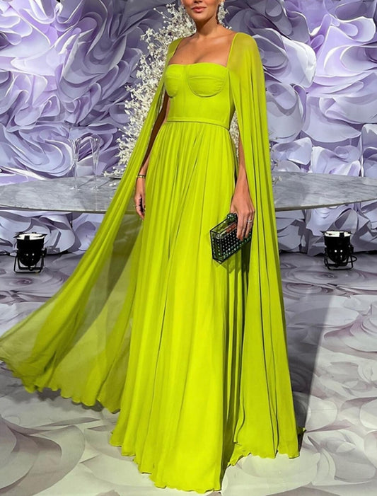 A-Line Evening Gown Elegant Cape Green Dress Formal Fall Floor Length Long Sleeve Square Neck Chiffon with Pleats