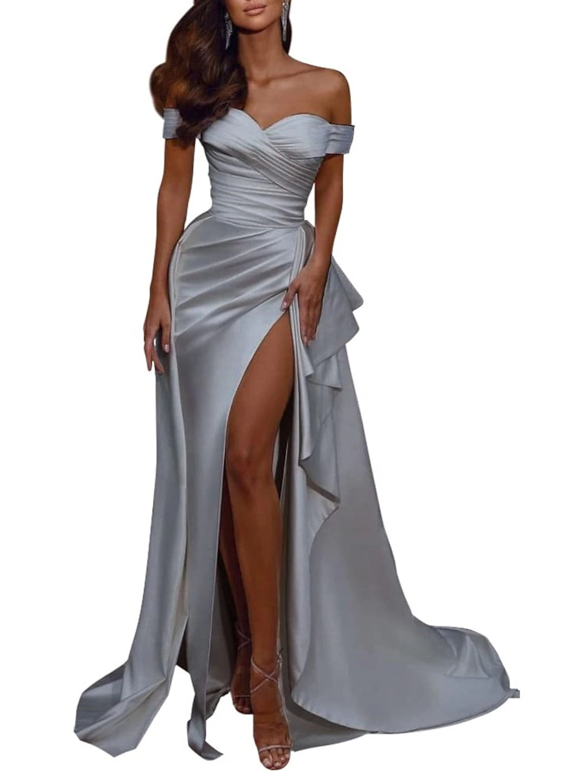 A-Line Wedding Dress Celebrity Style Sexy Formal Evening Dress Off Shoulder Short Sleeve Sweep / Brush Train Italy Satin with Pleats Slit