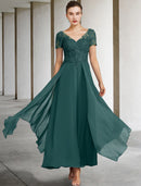 A-Line Mother of the Bride Dress Plus Size Elegant V Neck Ankle Length Chiffon Lace Short Sleeve with Appliques