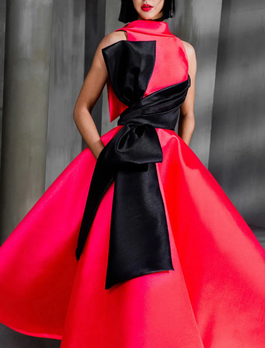 Ball Gown Color Block Celebrity Style Elegant Prom Formal Evening Birthday Dress Christmas Red Green Dress High Neck Sleeveless Ankle Length Satin with Bow(s)