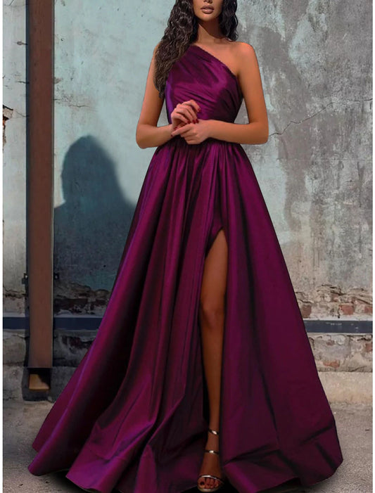 A-Line Minimalist Elegant Engagement Formal Evening Birthday Dress One Shoulder Sleeveless Floor Length Satin with Pleats Slit