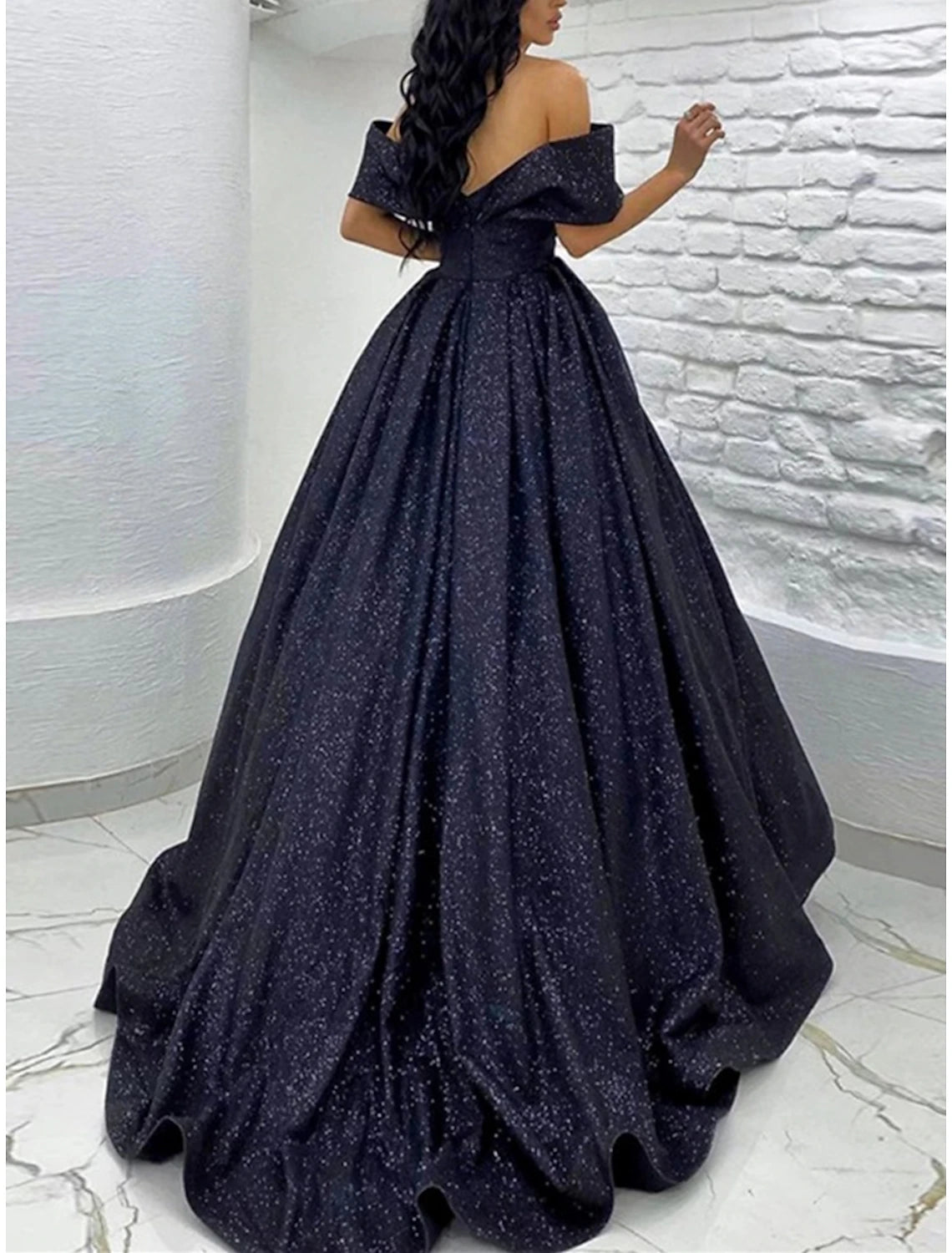 A-Line Prom Dresses Sparkle Black Champagne Gold Dress Black Tie Carival Sweep / Brush Train Short Sleeve Off Shoulder Sequined with Glitter Pleats