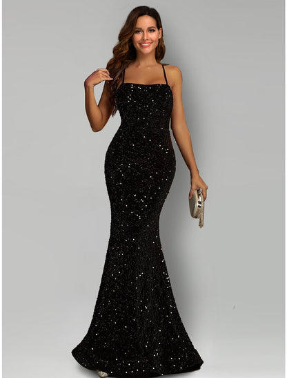 Mermaid / Trumpet Evening Gown Sparkle & Shine Dress Formal Black Tie Sweep / Brush Train Sleeveless Halter Neck Sequined with Sequin