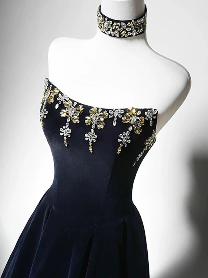 A-Line Prom Dress Fashion Simple Autumn Winter Velvet Dark Blue Bead string Long Temperament Dress