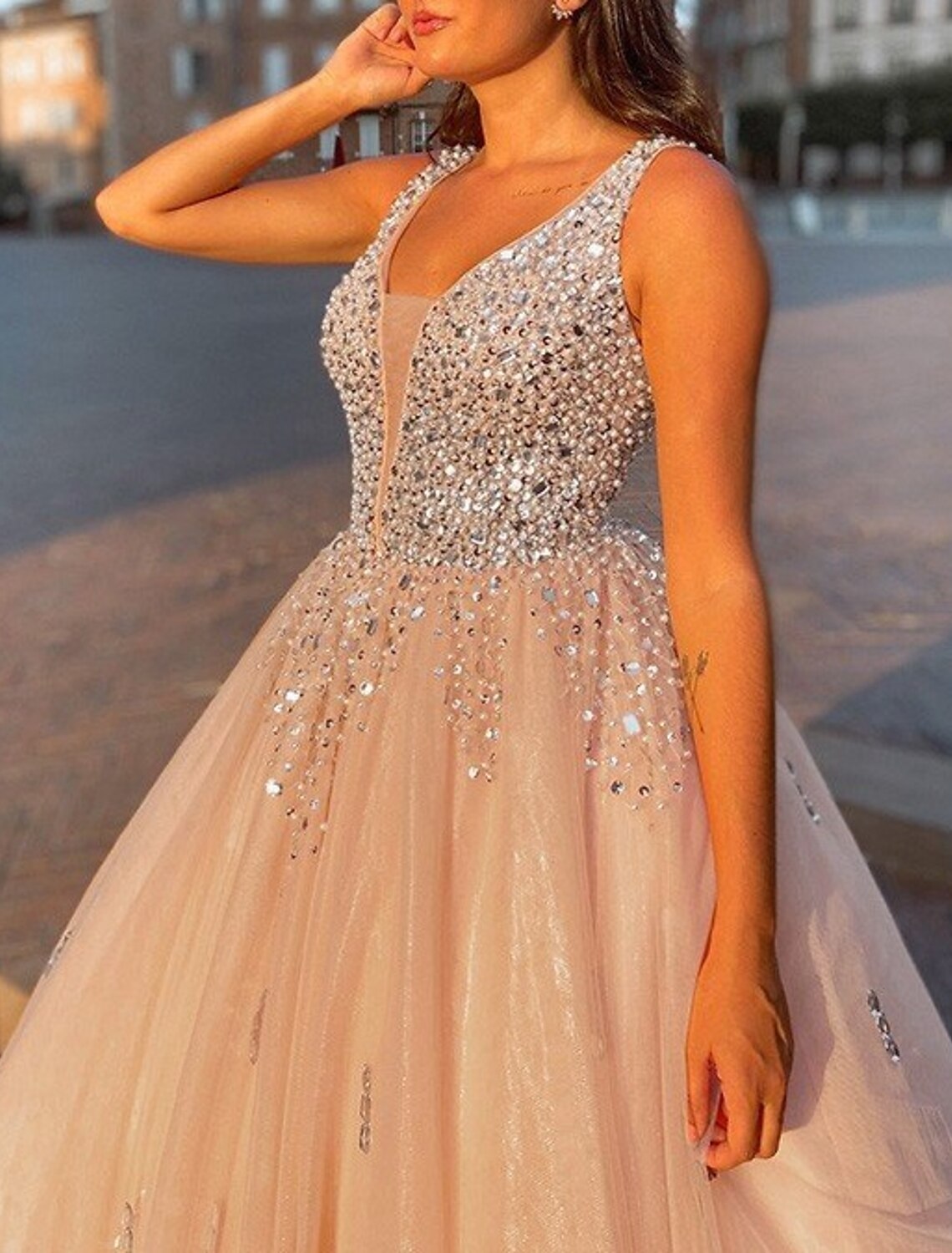 Ball Gown Evening Gown Sparkle & Shine Dress Quinceanera Prom Floor Length Sleeveless V Neck Satin with Crystals Sequin