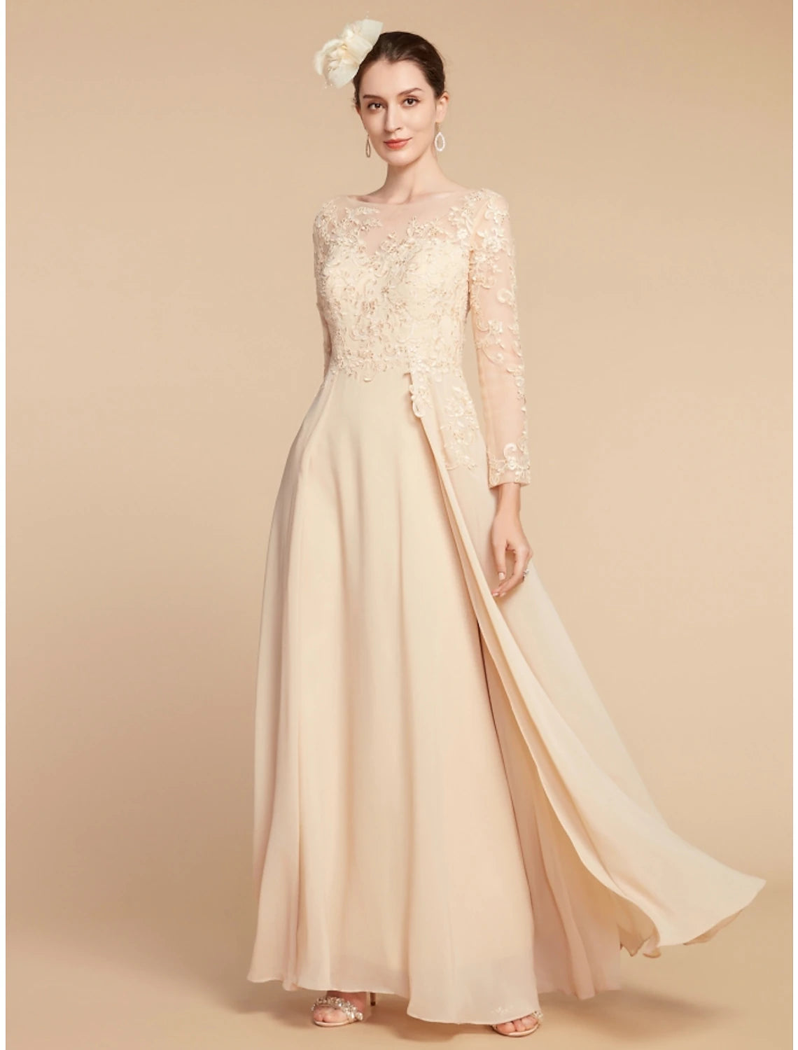 A-Line Mother of the Bride Dress Wedding Guest Elegant Jewel Neck Ankle Length Chiffon Lace Long Sleeve with Ruching Solid Color