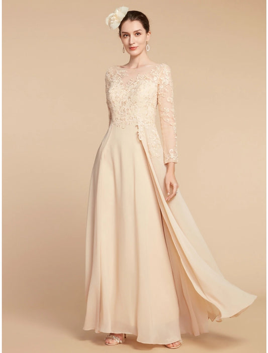 A-Line Mother of the Bride Dress Wedding Guest Elegant Jewel Neck Ankle Length Chiffon Lace Long Sleeve with Ruching Solid Color