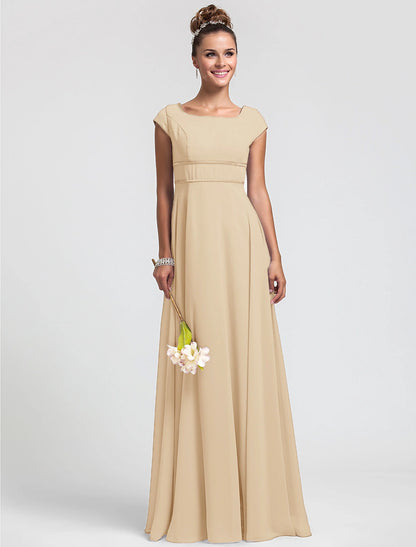 Sheath / Column Bridesmaid Dress Square Neck Short Sleeve Elegant Floor Length Chiffon with Sash / Ribbon / Pleats