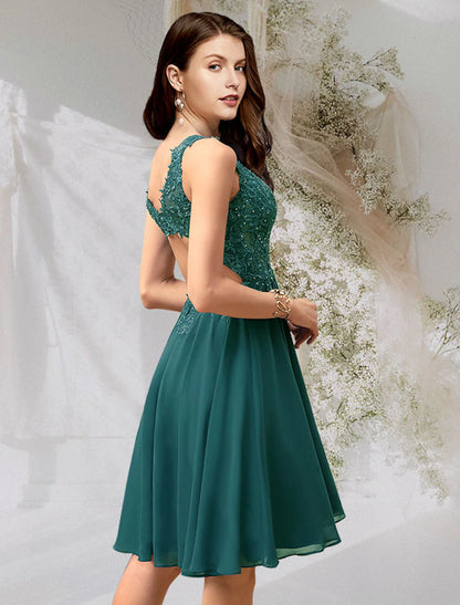 A-Line Cocktail Dresses Flirty Dress Homecoming Graduation Short / Mini Sleeveless V Neck Chiffon Backless with Beading Lace Insert