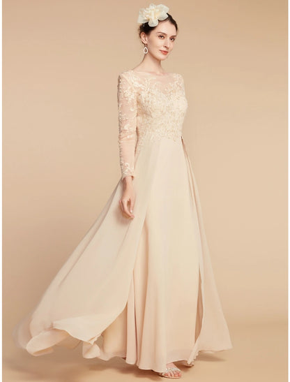 A-Line Mother of the Bride Dress Wedding Guest Elegant Jewel Neck Ankle Length Chiffon Lace Long Sleeve with Ruching Solid Color