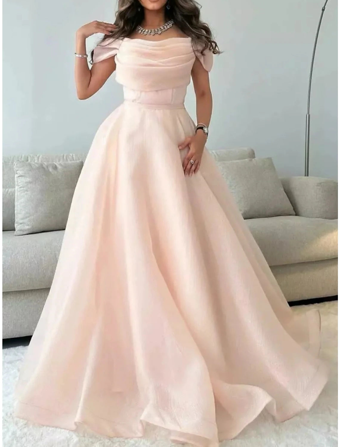 A-Line Evening Gown Elegant Dress Formal Floor Length Short Sleeve Off Shoulder Tulle with Pleats Ruched