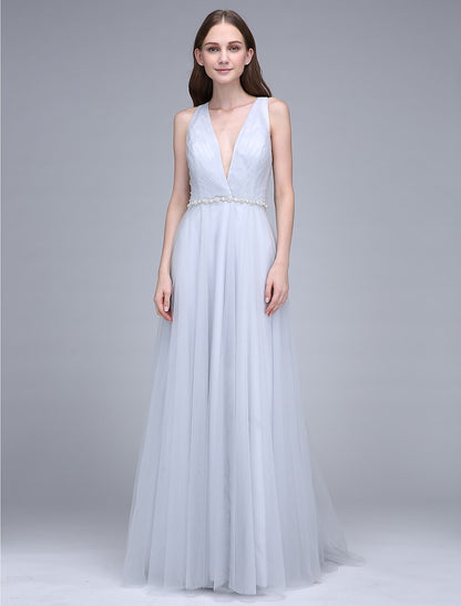 Sheath / Column Bridesmaid Dress V Neck Sleeveless Beautiful Back Sweep / Brush Train Tulle with Crystals