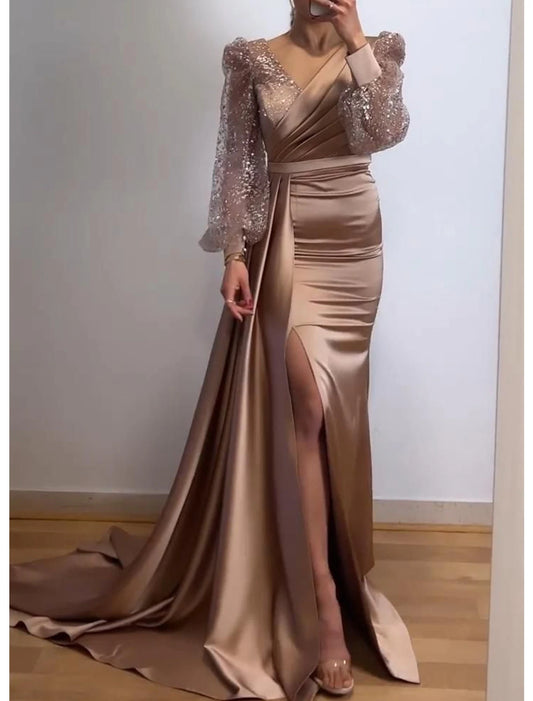 Mermaid / Trumpet Evening Gown Sparkle & Shine Dress Formal Court Train Long Sleeve V Neck Fall Wedding Guest Charmeuse with Sequin Slit