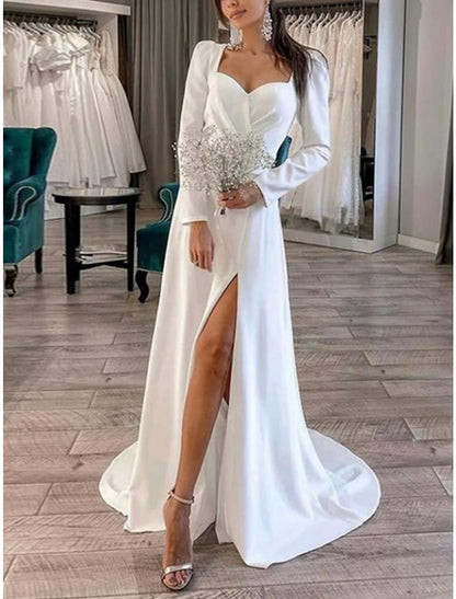 Formal Wedding Dresses Sheath / Column Sweetheart Long Sleeve Court Train Satin Bridal Gowns With Pleats Split Front