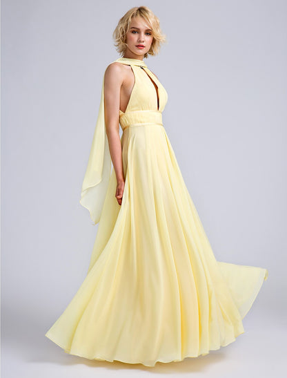 A-Line Bridesmaid Dress Jewel Neck Sleeveless Elegant Floor Length Chiffon with Beading / Draping