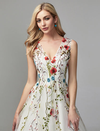 A-Line Special Occasion Dresses Floral Dress Wedding Guest Homecoming Floor Length Sleeveless V Neck Lace with Embroidery Appliques