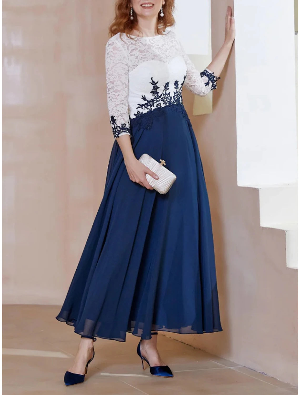 A-Line Mother of the Bride Dress Wedding Guest Elegant Scoop Neck Ankle Length Chiffon 3/4 Length Sleeve with Lace