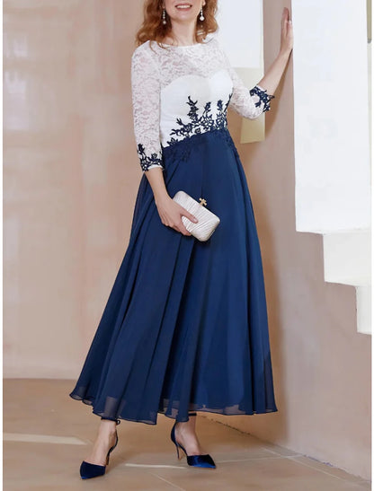 A-Line Mother of the Bride Dress Wedding Guest Elegant Scoop Neck Ankle Length Chiffon 3/4 Length Sleeve with Lace