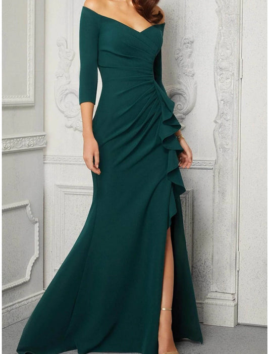 Sheath / Column Mother of the Bride Dress Wedding Guest Elegant Off Shoulder Floor Length Stretch Chiffon 3/4 Length Sleeve with Ruffles Split Front Ruching