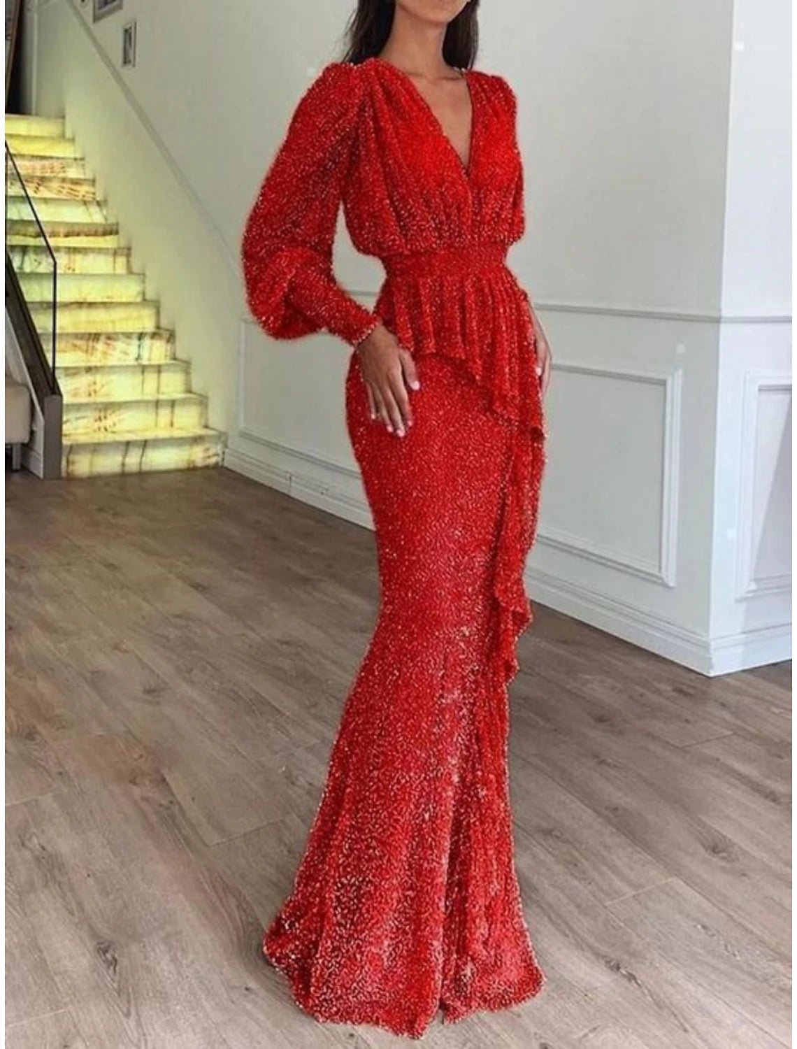 Mermaid / Trumpet Evening Gown Elegant Dress Formal Floor Length Long Sleeve V Neck Sequined with Glitter Pleats Ruffles