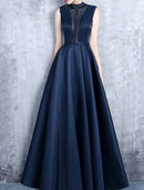 A-Line Evening Gown Elegant Dress Formal Wedding Guest Floor Length Sleeveless High Neck Satin with Pleats