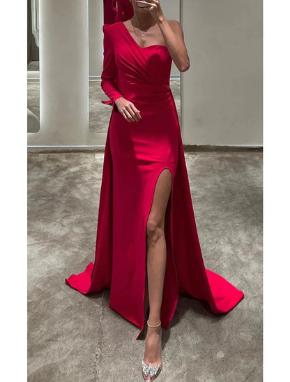 Mermaid / Trumpet Evening Gown Elegant Dress Formal Christmas Floor Length Long Sleeve One Shoulder Fall Wedding Guest Stretch Fabric with Ruched Slit