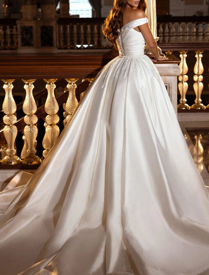 Engagement Formal Wedding Dresses Ball Gown Off Shoulder Cap Sleeve Chapel Train Satin Bridal Gowns With Ruched Flower