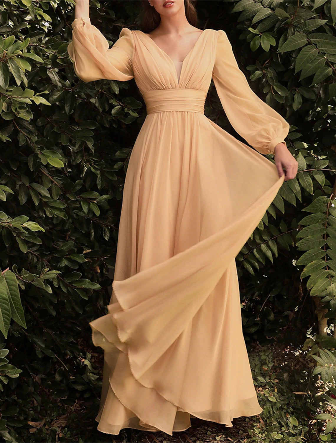 A-Line Bridesmaid Dress V Neck Long Sleeve Blue Floor Length Chiffon with Ruching / Solid Color