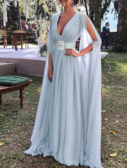 A-Line Wedding Guest Dresses Maxi Dress Wedding Party Dress Black Tie Floor Length Long Sleeve V Neck Fall Wedding Guest Chiffon with Belt