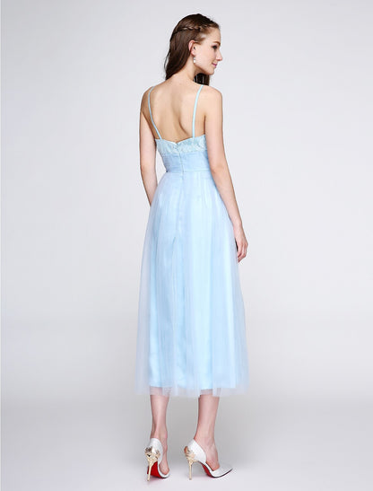 A-Line Spaghetti Strap Tea Length Lace / Tulle Bridesmaid Dress with Lace