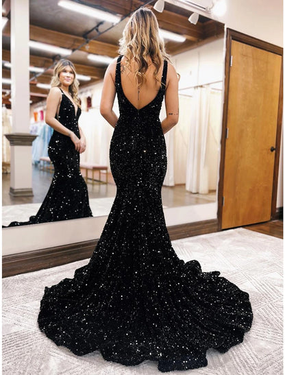 Mermaid / Trumpet Prom Dresses Sparkle & Shine Dress Formal Wedding Party Court Train Sleeveless V Neck Sequined Backless with Sequin