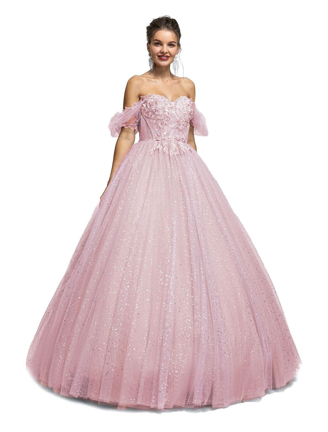 Ball Gown Prom Dresses Princess Dress Graduation Floor Length Short Sleeve Sweetheart Tulle with Sequin Appliques