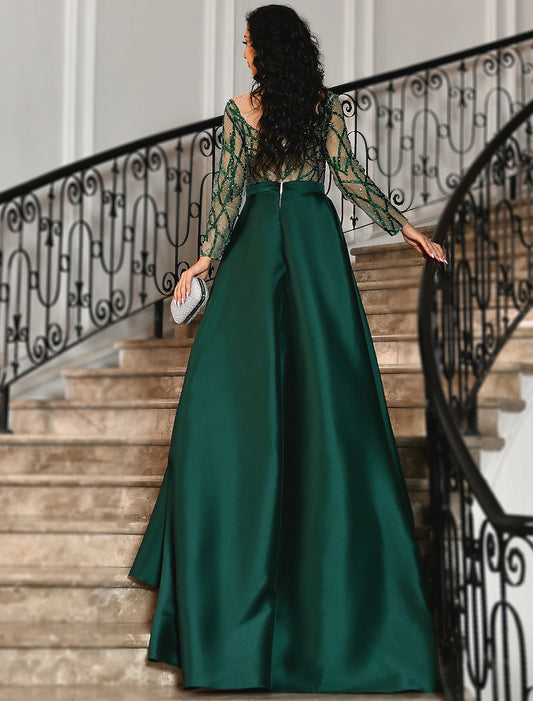 Mermaid Evening Gown Luxurious Dress Carnival Christmas Red Green Dress Court Train 3/4 Length Sleeve Jewel Neck Satin with Rhinestone Appliques