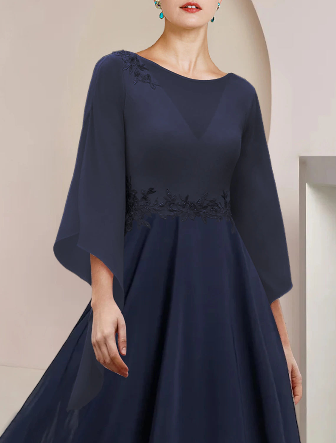 A-Line Mother of the Bride Dress Wedding Guest Party Elegant Scoop Neck Tea Length Chiffon Lace 3/4 Length Sleeve with Appliques