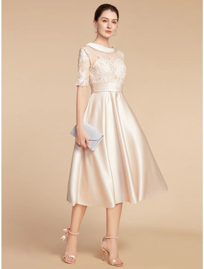 A-Line Mother of the Bride Dress Wedding Guest Elegant Petite Scoop Neck Knee Length Satin Lace Half Sleeve with Appliques Ruching Solid Color