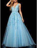 A-Line Prom Dresses Elegant Dress Formal Prom Floor Length Sleeveless V Neck Tulle with Beading Embroidery Appliques