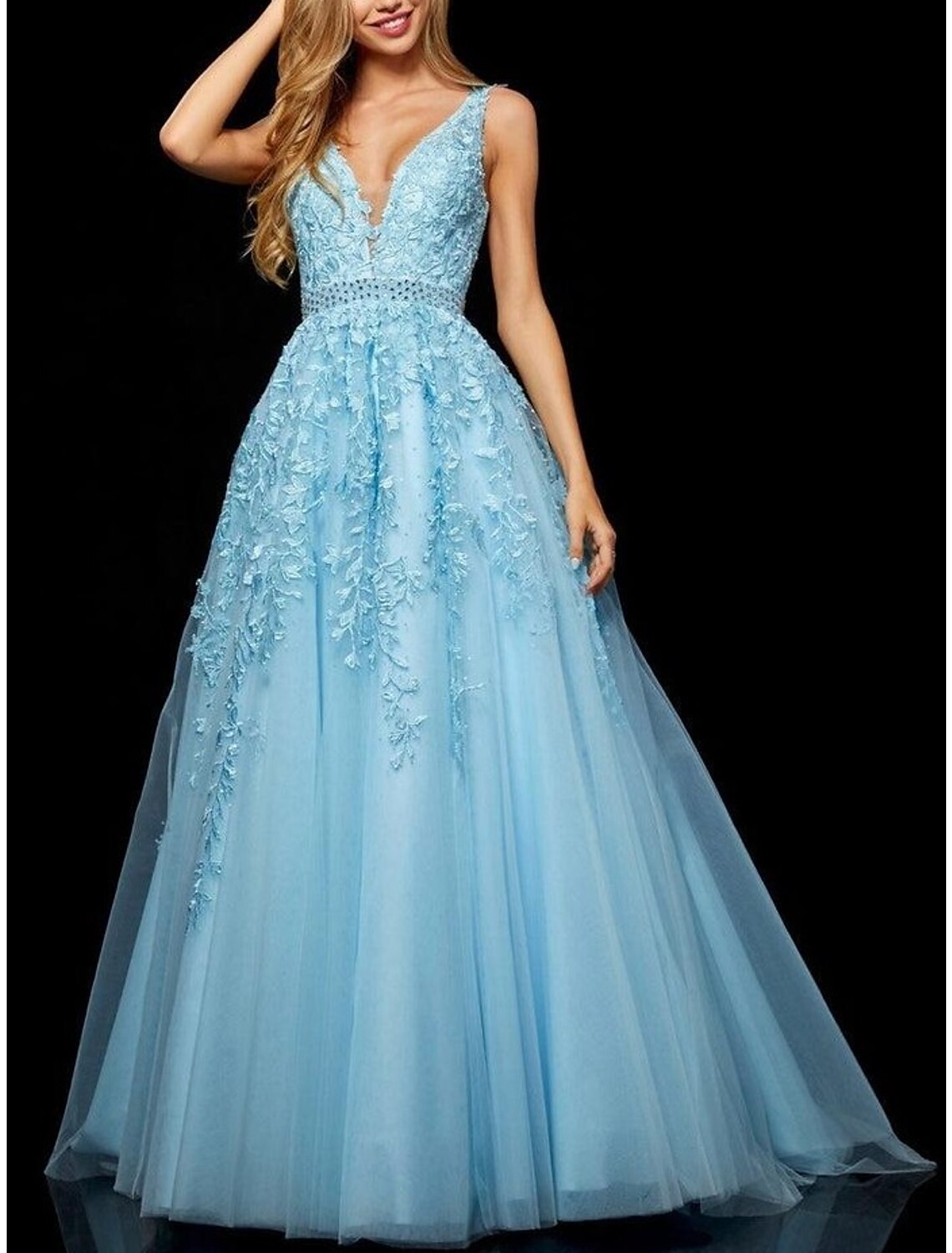 A-Line Prom Dresses Elegant Dress Formal Prom Floor Length Sleeveless V Neck Tulle with Beading Embroidery Appliques