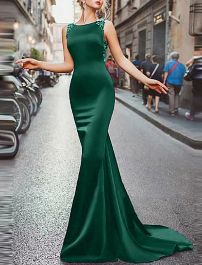 Mermaid / Trumpet Elegant Dress Sweep / Brush Train Sleeveless Jewel Neck Satin with Beading