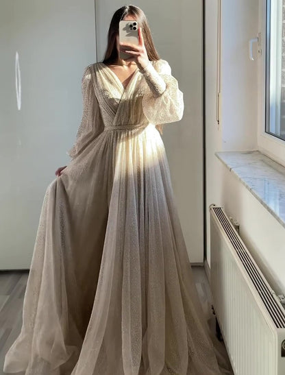 A-Line Prom Dresses Glittering Dress Formal Black Tie Floor Length Long Sleeve V Neck Fall Wedding Guest Tulle with Ruched