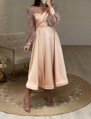 A-Line Cocktail Dresses Elegant Dress Party Wear Wedding Guest Tea Length Long Sleeve V Neck Fall Wedding Guest Satin with Ruched